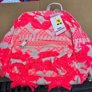 Neon Pink Fringe Woven Mini Backpack